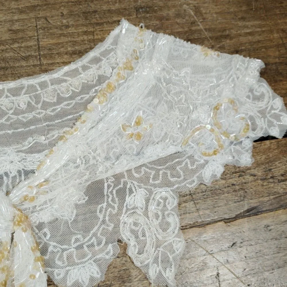 Vintage Victorian Lace Beaded Shawl Shrug Wrap Cream Old Hollywood Glamour Movie